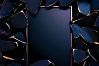 Broken smartphone screen pieces creating dramatic frame border with dark center and glowing edges. Glass shards display metallic blue reflections on black background.
