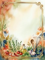 Watercolor culinary frame with fresh vegetables, herbs, cooking utensils, and ornate gold border on cream background. Ideal for recipe cards, cookbooks, menus, and kitchen design projects.