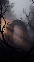 Mysterious stone arch ruins emerge through misty fog surrounded by bare twisted trees creating atmospheric dark fantasy landscape for gothic storytelling projects.