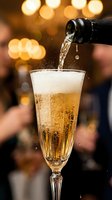 Champagne pouring into flute glass with golden bokeh lights in background, celebration and festive occasion beverage.
