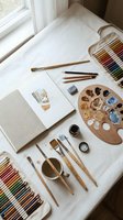 Artist workspace with watercolor paints, brushes, colored pencils and sketchbook on white table by window for creative projects and artistic expression.