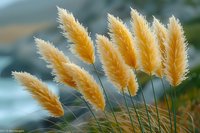 Golden pampas grass plumes swaying in gentle breeze against soft blurred background, creating dreamy natural atmosphere for outdoor and garden designs.