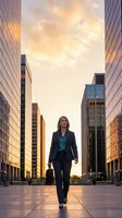 Confident businesswoman walking through modern financial district at sunset with golden light reflecting off glass buildings creating urban corporate atmosphere.