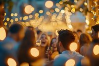 Festive outdoor evening celebration with glowing bokeh lights, people enjoying wine and conversation in warm atmospheric lighting at social gathering.
