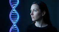 Young Caucasian female scientist gazing at glowing blue DNA double helix structure in dark laboratory setting for genetic research and biotechnology concepts.