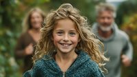 Happy blonde girl with curly hair smiling outdoors with family in background during autumn season for lifestyle and family bonding concepts.