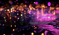 Glowing circuit board with purple and orange bokeh lights creating futuristic technology landscape, digital transformation concept for business background.