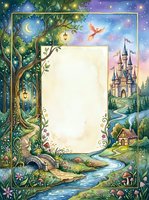 Enchanted fairy tale frame with magical castle, ancient tree, starry night sky and blank parchment space for text or invitations.