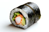 Fresh sushi roll with shrimp, cucumber, and rice wrapped in nori seaweed, close-up view on white background showing detailed texture and ingredients.