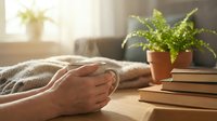Mature hands resting on cozy blanket near stacked books and potted fern plant by sunny window, conveying relaxation, comfort, and peaceful reading moments at home.