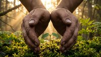 Protective hands forming shelter over young green plant seedling growing in forest soil with warm sunlight filtering through trees in background.