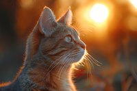 Ginger cat profile at sunset with backlit fur glowing in golden hour light, looking up with alert expression against blurred warm background.