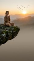 Young woman meditating in lotus pose on mountain cliff at sunrise with flying birds overhead, peaceful spiritual practice in nature for mindfulness and wellness.