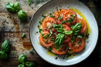 Fresh tomato salad with basil leaves and olive oil on rustic wooden table, garnished with herbs and spices for Mediterranean cuisine.