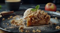 Warm apple crumble slice topped with vanilla ice cream and mint leaf on dark plate, dusted with powdered sugar, cinnamon sticks and fresh apple nearby.