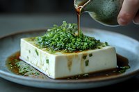 Fresh tofu block garnished with chopped green onions and sesame oil being drizzled on top, served on ceramic plate for healthy Asian cuisine preparation.