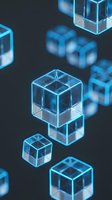 Glowing neon blue glass cubes with transparent crystalline structure floating on dark background, suitable for technology and digital design projects.