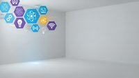Smart home technology icons floating in modern white interior room with IoT connectivity symbols for digital automation and wireless control systems.