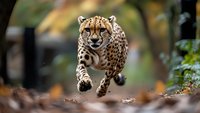 Majestic cheetah in full sprint through autumn forest, captured mid-leap with all paws off ground. Motion blur and bokeh effect create dramatic wildlife action scene.