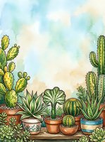 Watercolor illustration of potted cacti and succulents arranged on wooden shelf with soft blue and cream sky background, suitable for home decor, botanical art, and design projects.