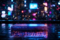 Empty glowing platform with neon bokeh lights reflection on wet surface creates futuristic nightclub atmosphere with blue and pink illumination effects.