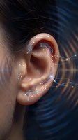 Human ear with glowing digital circuit patterns and technological overlay representing hearing technology, medical innovation and futuristic healthcare solutions.