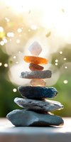 Balanced stones and crystals pyramid with sunlight bokeh background, zen meditation stack featuring rose quartz, amber and blue apatite minerals in harmony.