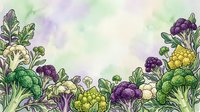 Isolated watercolor illustration of fresh purple and yellow cauliflower with green leafy vegetables arranged as a decorative border frame, suitable for culinary designs and food packaging.