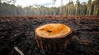 Freshly cut tree stump on burnt forest ground with tall trees in background showing deforestation impact and environmental damage in wilderness area.