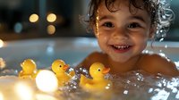 Happy child playing with yellow rubber ducks in bubble bath with soft bokeh lights. Joyful bathtime moment captures innocent childhood fun and hygiene education.