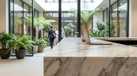 Modern office workspace with marble desk and laptop in bright atrium with plants. Professional business environment for corporate presentations and meetings.