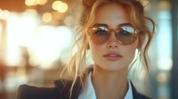 Young blonde woman wearing aviator sunglasses with soft bokeh lights in background. Natural makeup, messy updo hairstyle creates romantic summer portrait with warm golden lighting.
