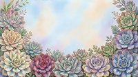 Watercolor succulent plants arranged in corners with soft pastel sky background, isolated on white for botanical designs, wedding invitations, and garden-themed projects.