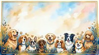 Adorable watercolor dog breeds portrait featuring golden retriever, beagle, french bulldog, dachshund, labrador, cavalier king charles spaniel, border collie, husky and poodle.