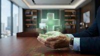 Professional businessman hands holding glowing green medical cross symbol in modern office representing healthcare insurance and wellness services.