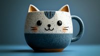 Charming ceramic cat mug with speckled white and blue design featuring cute whiskers, ears and smiling face on minimalist blue background.