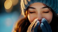 Young Asian woman in winter knit hat and gloves warming hands near face, eyes closed with peaceful expression against blurred bokeh lights background.