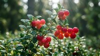 Fresh red lingonberries growing on green bush branches in natural forest setting with soft bokeh background for organic food and nature concepts.