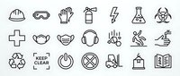 Safety and industrial icons collection featuring protective equipment and warning symbols for workplace guidelines and training materials.