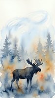 Watercolor moose silhouette standing in misty forest with evergreen trees and soft blue orange atmospheric background for nature wildlife art.