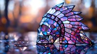 Artistic skull with Native American headdress in stained glass style reflecting in water. Mystical purple and blue colors create dramatic mood against blurred bokeh background.