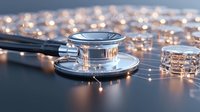 Medical stethoscope on reflective surface with glowing light bokeh effects creating futuristic healthcare concept, modern medical technology background.