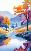 Serene autumn landscape with colorful trees reflecting in calm river water, mountains in background, soft morning light illuminating peaceful natural scenery.