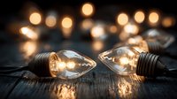 Vintage light bulbs with warm glowing filaments on rustic wooden surface, creating cozy atmosphere with bokeh lights in background.