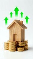 Wooden house model on gold coins with green arrows showing property value growth and real estate investment success on white background.