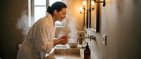 Man with dark hair and olive complexion washing face at bathroom sink with warm water steam rising, morning skincare routine and personal hygiene.