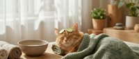 Orange tabby cat sleeping peacefully wrapped in green knitted blanket on wooden table with ceramic bowl and potted plants in bright sunlit room.