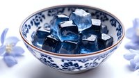 Blue ice cubes in traditional porcelain bowl with oriental pattern, soft purple flowers in background creating refreshing summer drink composition.