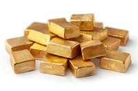 Stack of pure gold bars scattered on white background, precious metal bullion ingots showing wealth, luxury and financial investment concept.