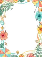 Tropical summer frame with hibiscus flowers, palm leaves, beach umbrella and seashells on white background for vacation design projects.